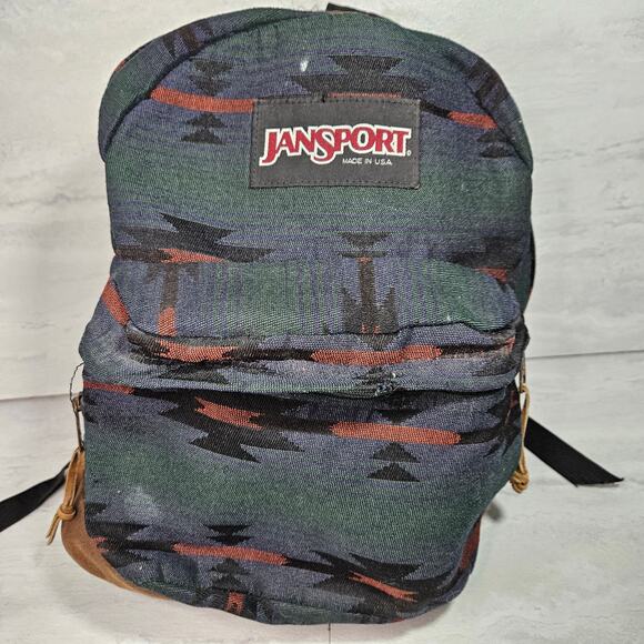 Vintage Jansport Backpack Aztec Green Leather USA 26L RARE *damaged strap